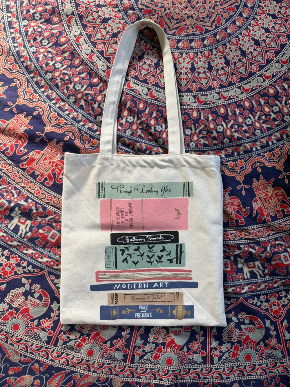 Kate Spade Canvas Bookstack Tote Bag in Cream with Pink & Green Accents